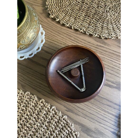 Vintage Midcentury Wooden Nut Bowl With Nutcracker and Picks Vintage Nut Dish - Picture 1 of 6